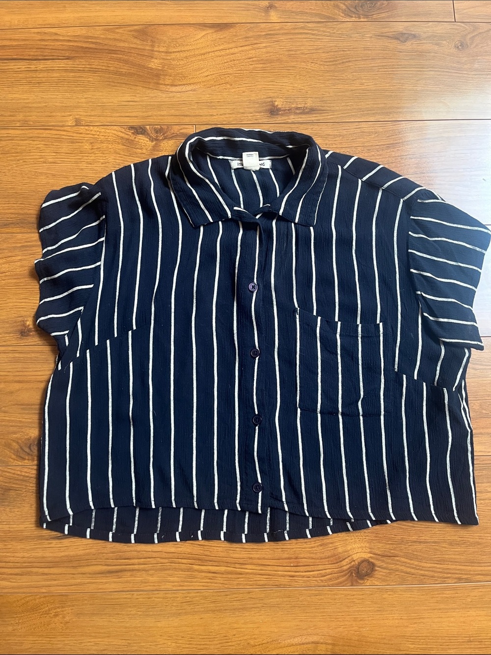 Billabong Navy and White Vertical Stripe Short-Sleeve Cropped Button-Up